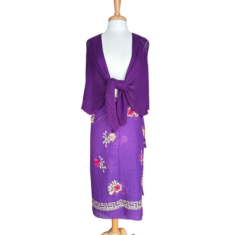 Boho Purple Open Knit Cardigan Dolman Sleeve Embroidered Cotton Sarong Scarf Set